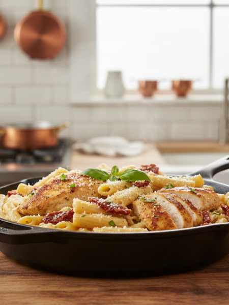 Creamy one-pan Marry Me Chicken Pasta with tender chicken, sun-dried tomatoes, and parmesan cream sauce