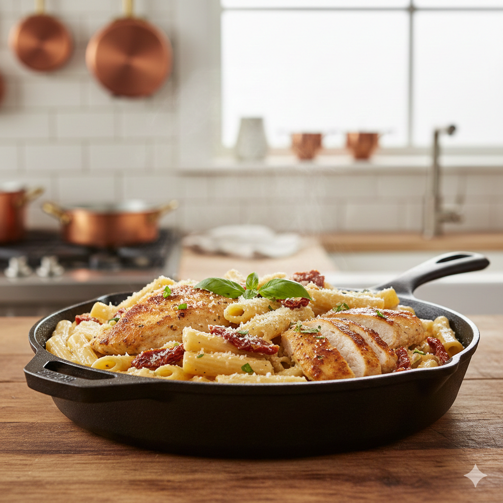 Creamy one-pan Marry Me Chicken Pasta with tender chicken, sun-dried tomatoes, and parmesan cream sauce